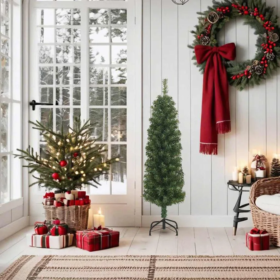 Sapin de Noël artificiel mince avec support vert 150 cm PVC - 2