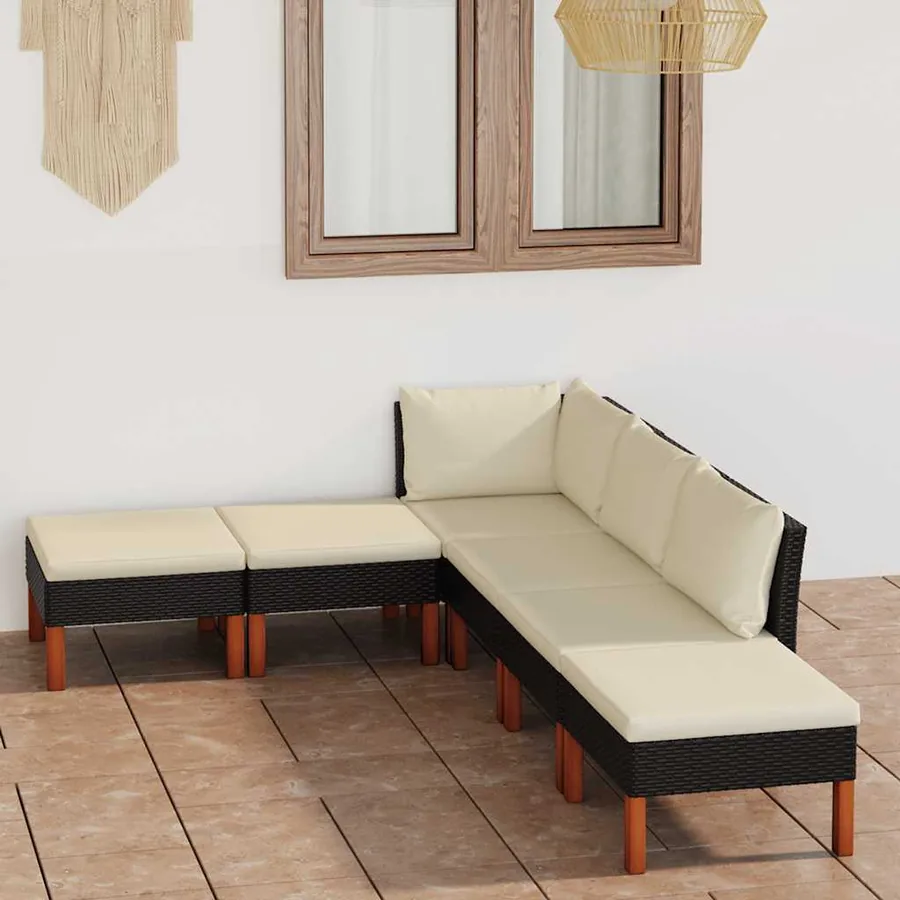 Salon de jardin 6 pcs avec coussins Résine tressée Noir