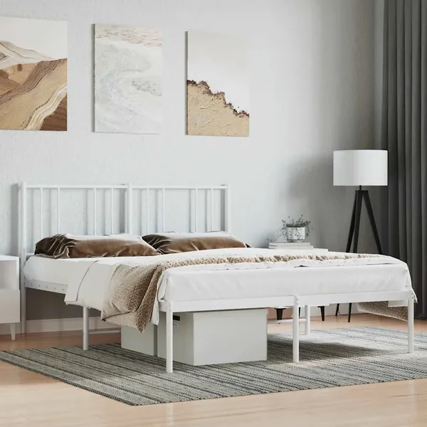Cadre de lit métal sans matelas et tête de lit blanc 160x200 cm