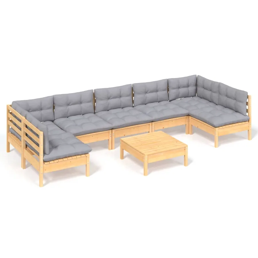 Salon de jardin 8 pcs avec coussins gris Bois de pin massif - 2