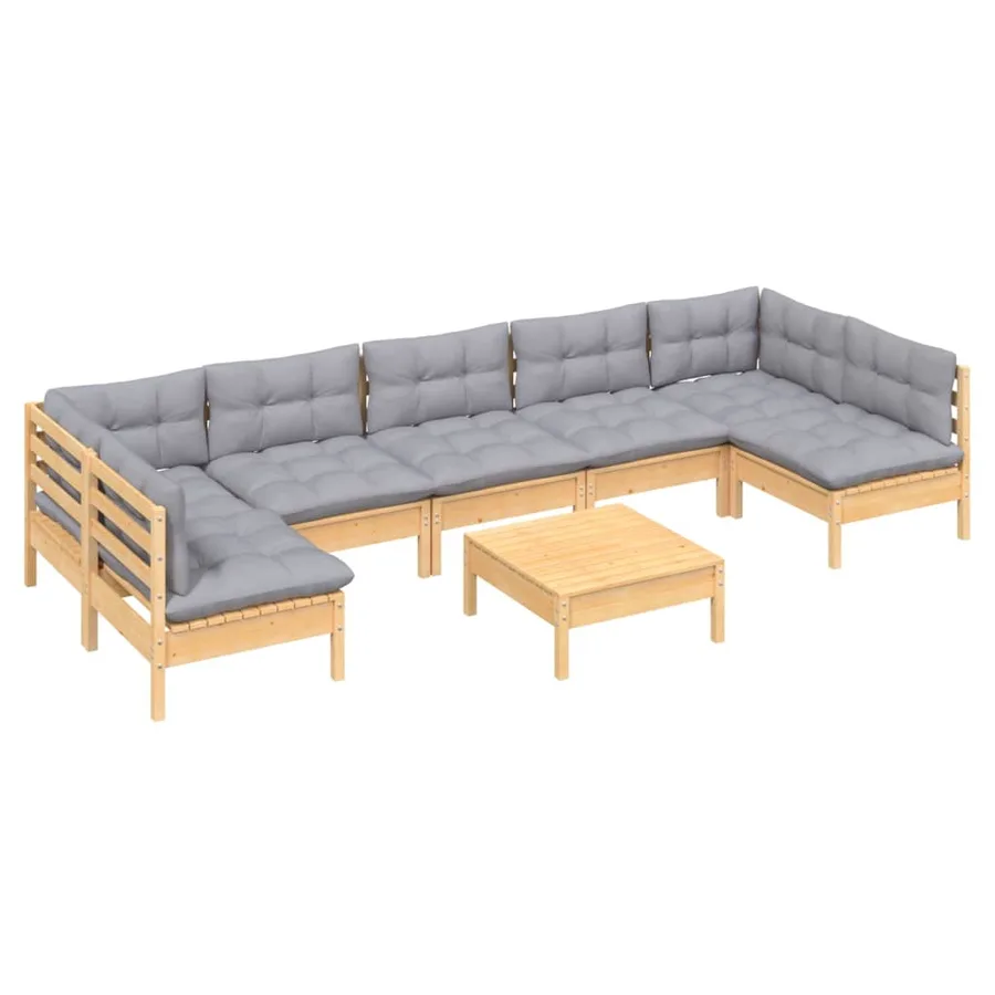 Salon de jardin 8 pcs avec coussins gris Bois de pin massif - 3