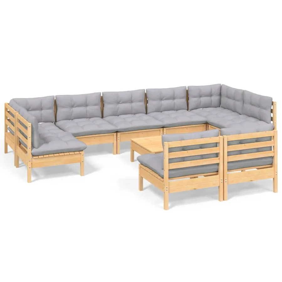 Salon de jardin 10 pcs avec coussins gris bois de pin massif - 2