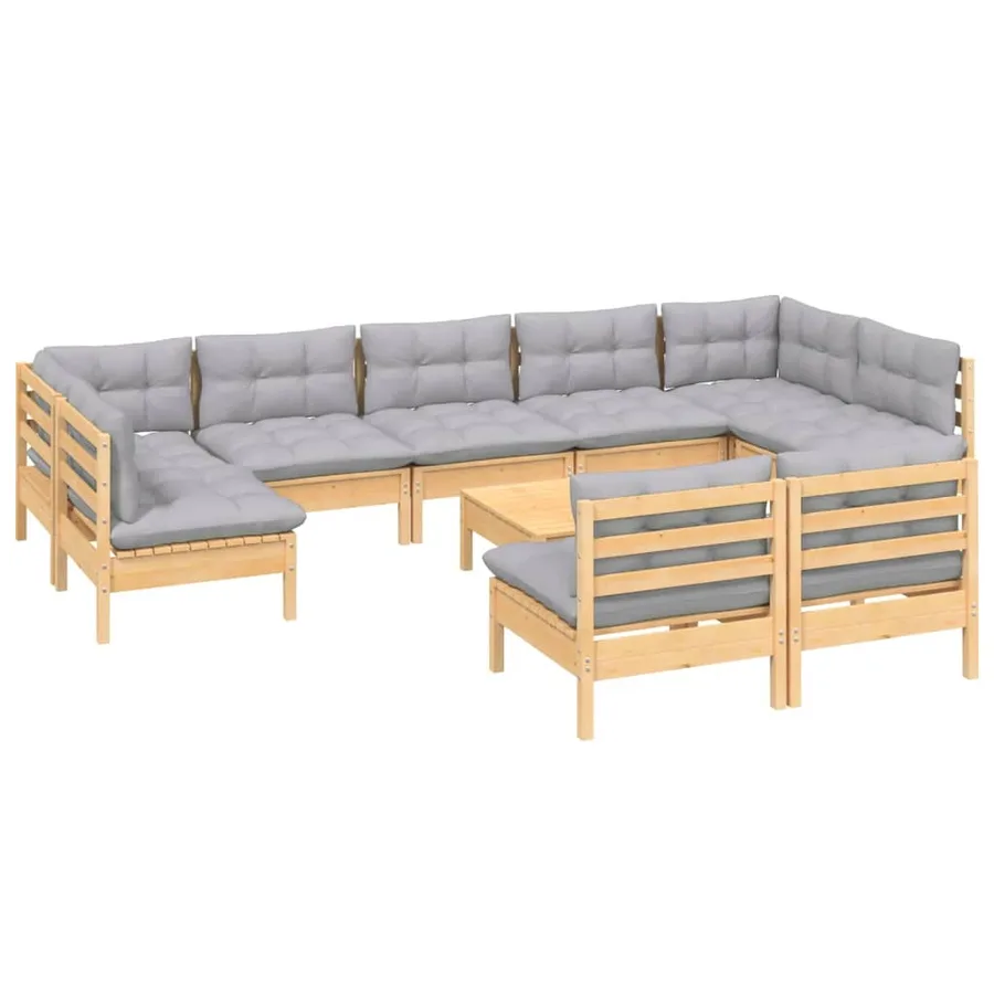 Salon de jardin 10 pcs avec coussins gris bois de pin massif - 3