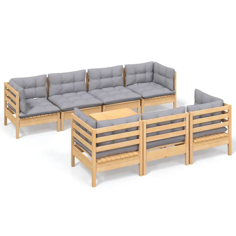 Salon de jardin 8 pcs avec coussins gris Bois de pin massif - 2