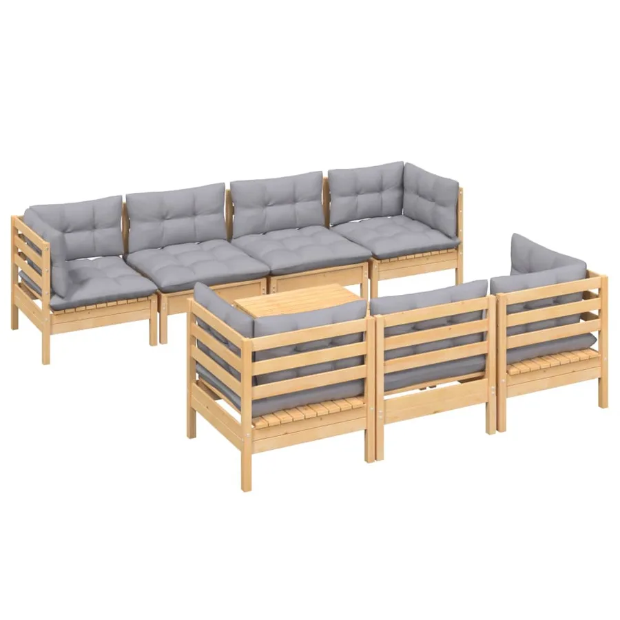 Salon de jardin 8 pcs avec coussins gris Bois de pin massif - 3