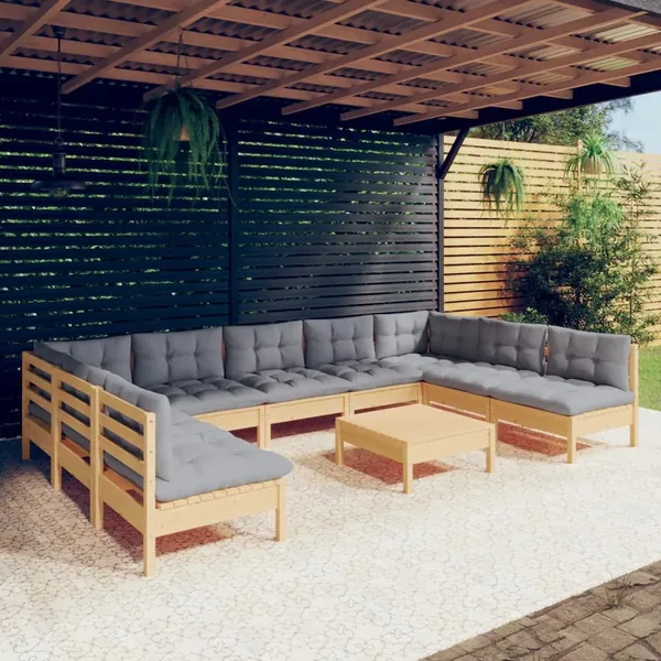 Salon de jardin 10 pcs avec coussins gris bois de pin massif