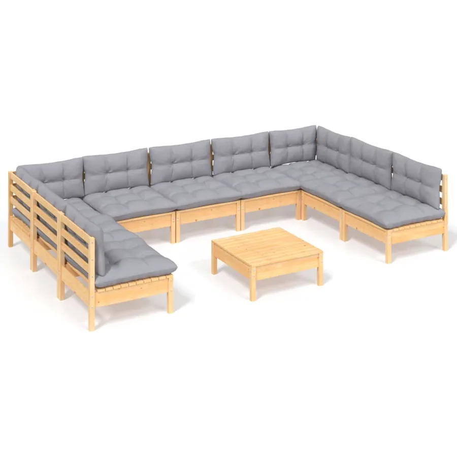 Salon de jardin 10 pcs avec coussins gris bois de pin massif - 2