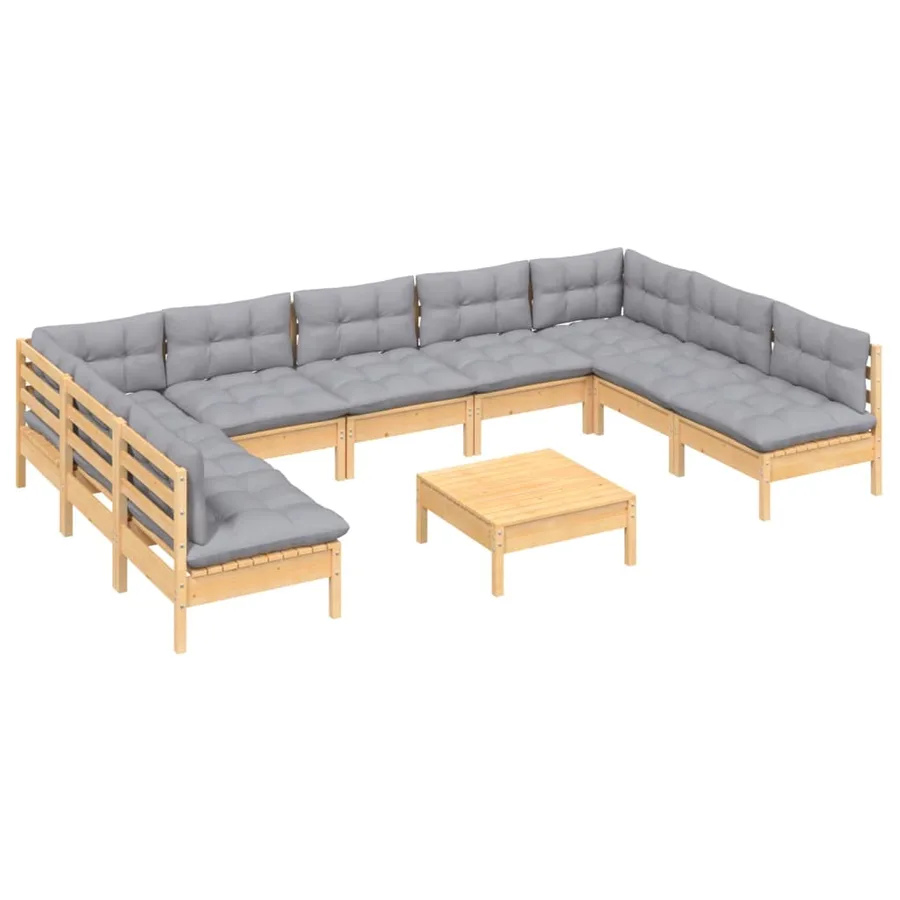 Salon de jardin 10 pcs avec coussins gris bois de pin massif - 3