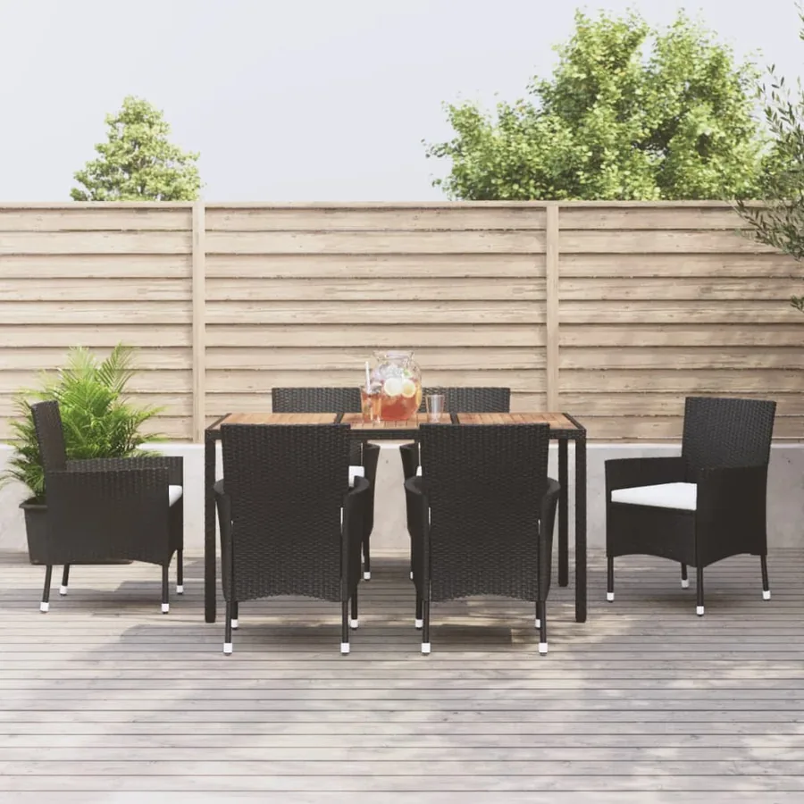 Ensemble à manger de jardin coussins 7pcs Noir Résine tressée
