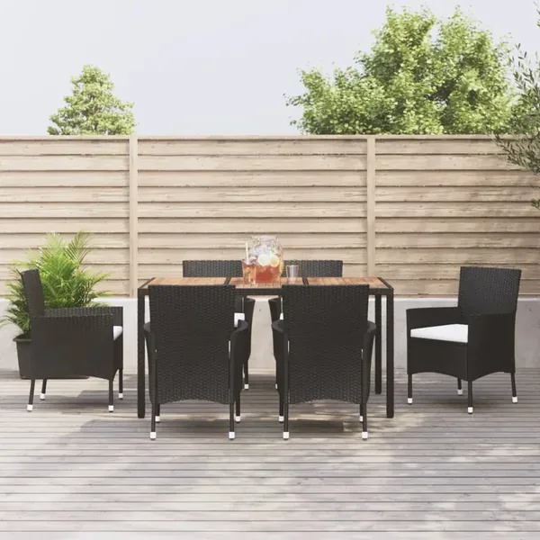 Ensemble à manger de jardin coussins 7pcs Noir Résine tressée