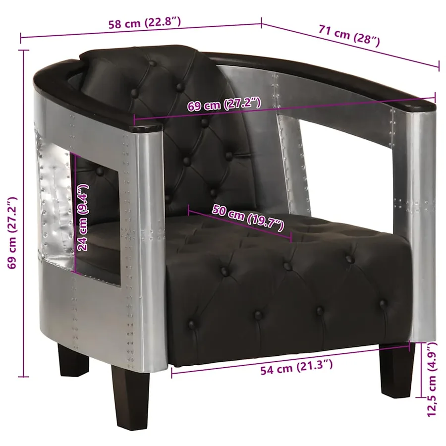 Fauteuil en style d'aviation noir cuir véritable - 9
