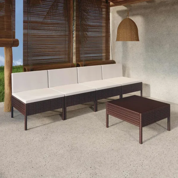 Salon de jardin 5 pcs avec coussins résine tressée marron