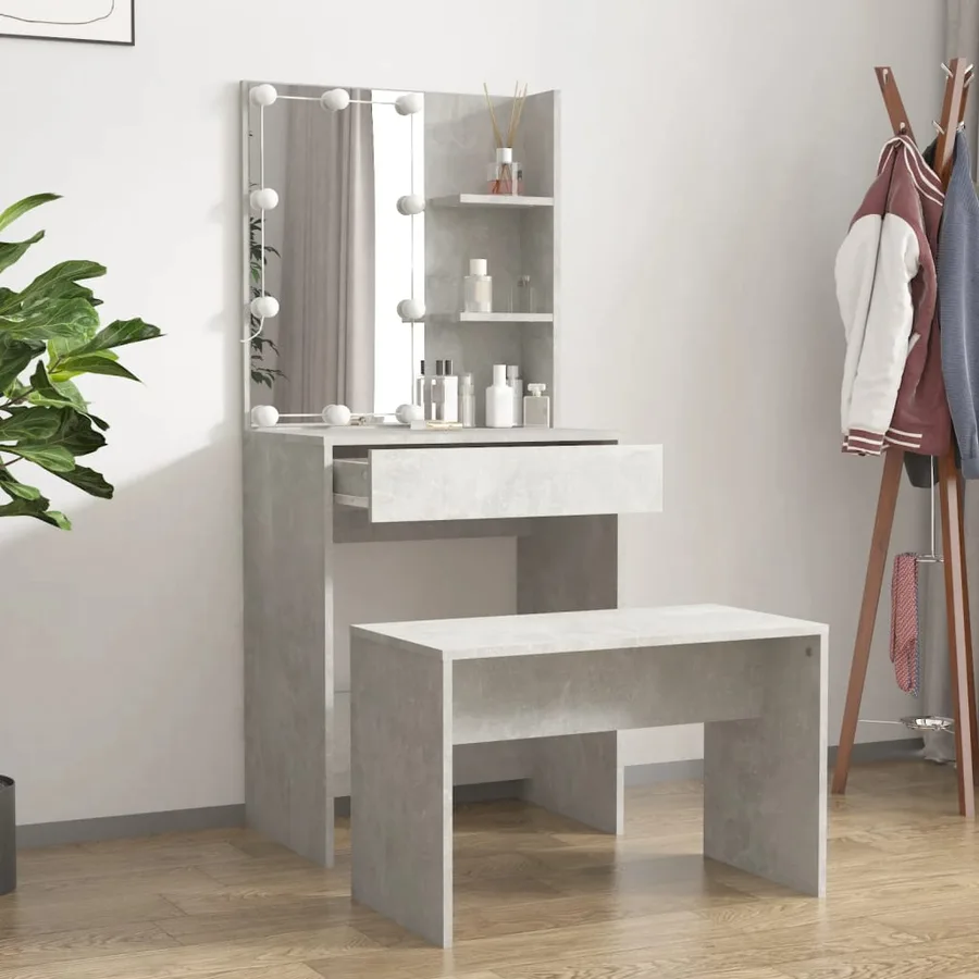 Ensemble de coiffeuse avec LED Gris béton Bois d'ingénierie - 3