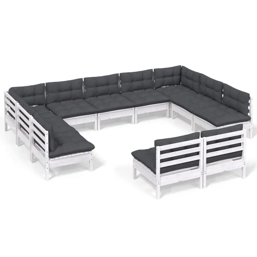 Salon de jardin 11 pcs avec coussins blanc bois de pin solide - 2