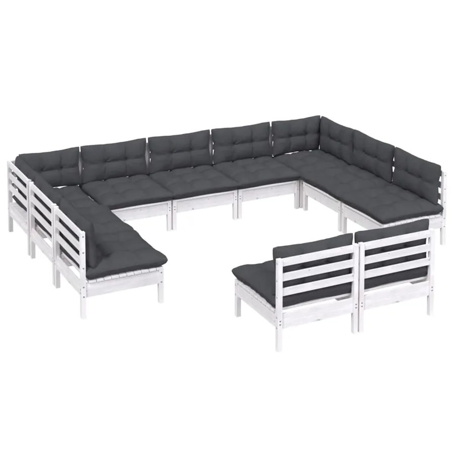 Salon de jardin 11 pcs avec coussins blanc bois de pin solide - 3