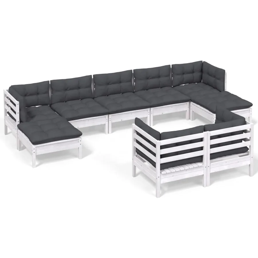 Salon de jardin 9 pcs avec coussins blanc bois de pin massif - 2