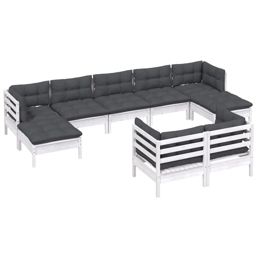 Salon de jardin 9 pcs avec coussins blanc bois de pin massif - 3