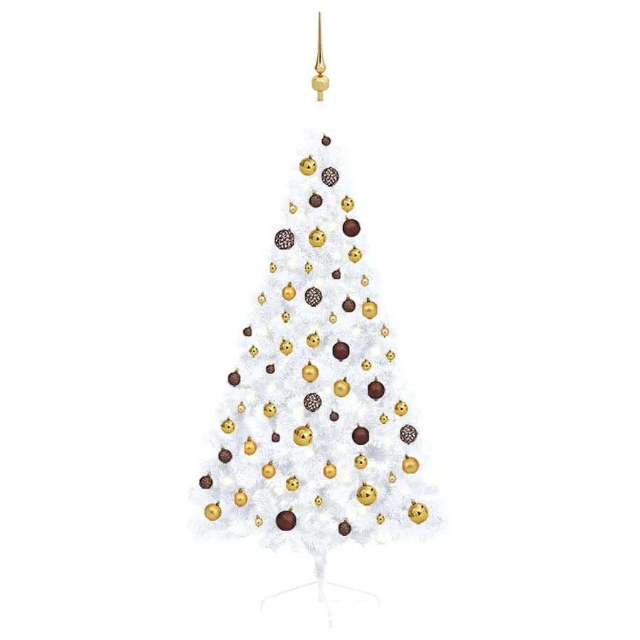 Demi-arbre de Noël artificiel pré-éclairé et boules blanc 150cm