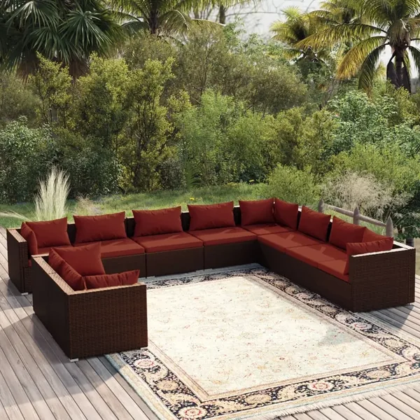 Salon de jardin 10 pcs avec coussins marron résine tressée