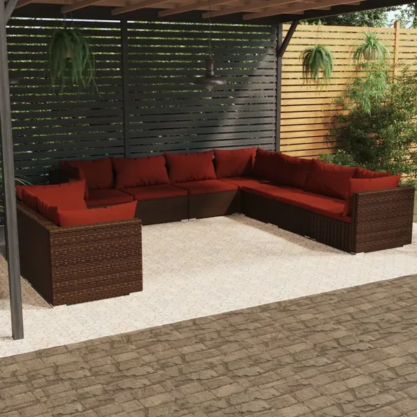 Salon de jardin avec coussins 9 pcs marron résine tressée