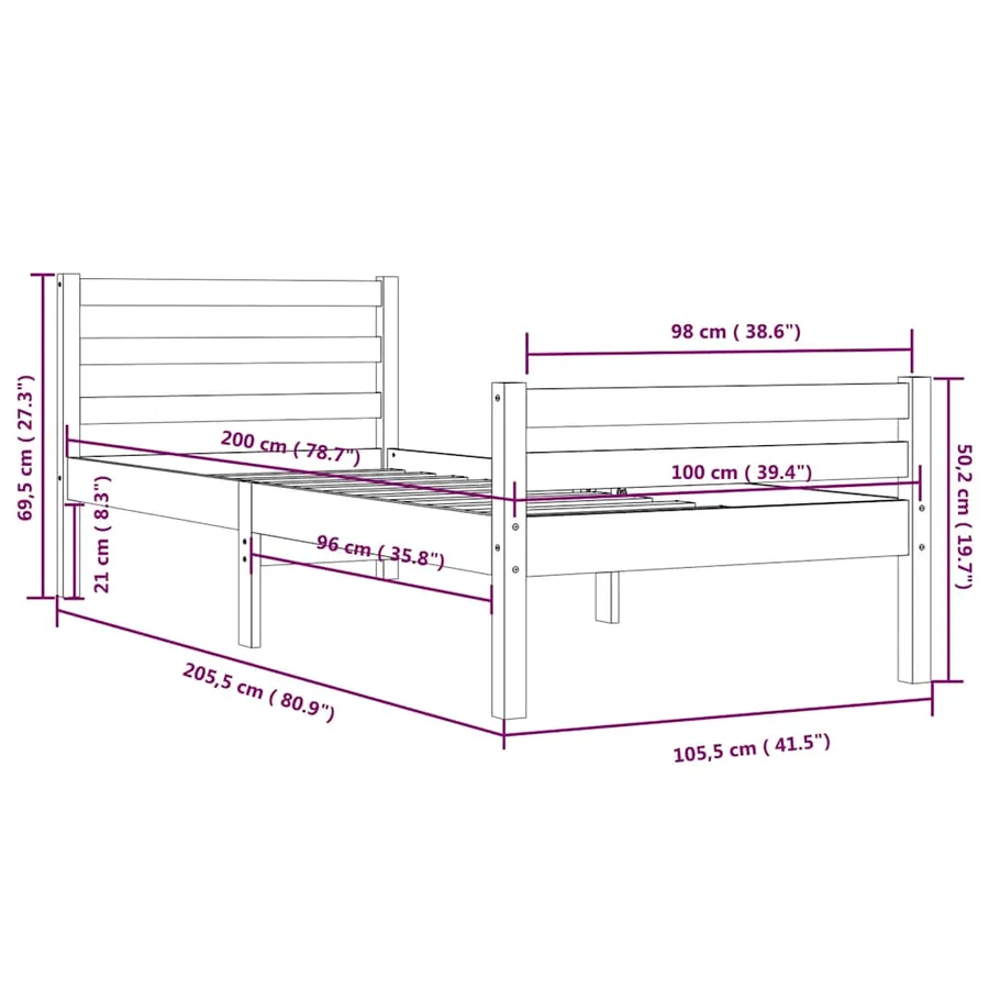 Cadre de lit sans matelas noir bois massif 100x200 cm - 10