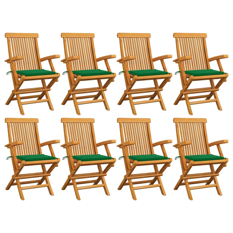 Chaises de jardin avec coussins vert lot de 8 Bois teck massif