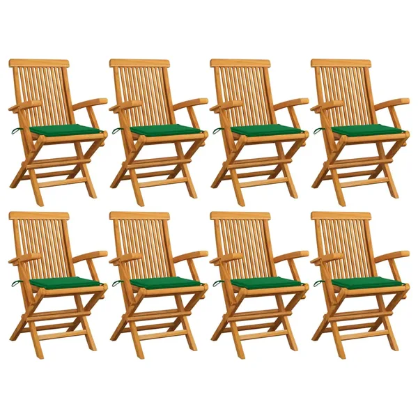 Chaises de jardin avec coussins vert lot de 8 Bois teck massif