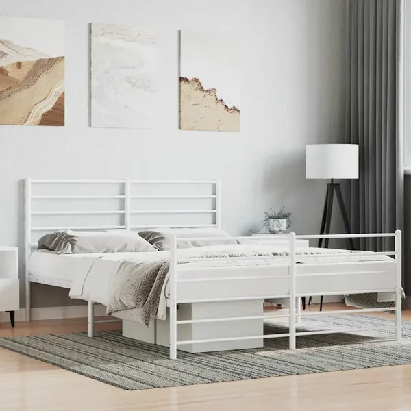Cadre de lit métal sans matelas et pied de lit blanc 140x190 cm