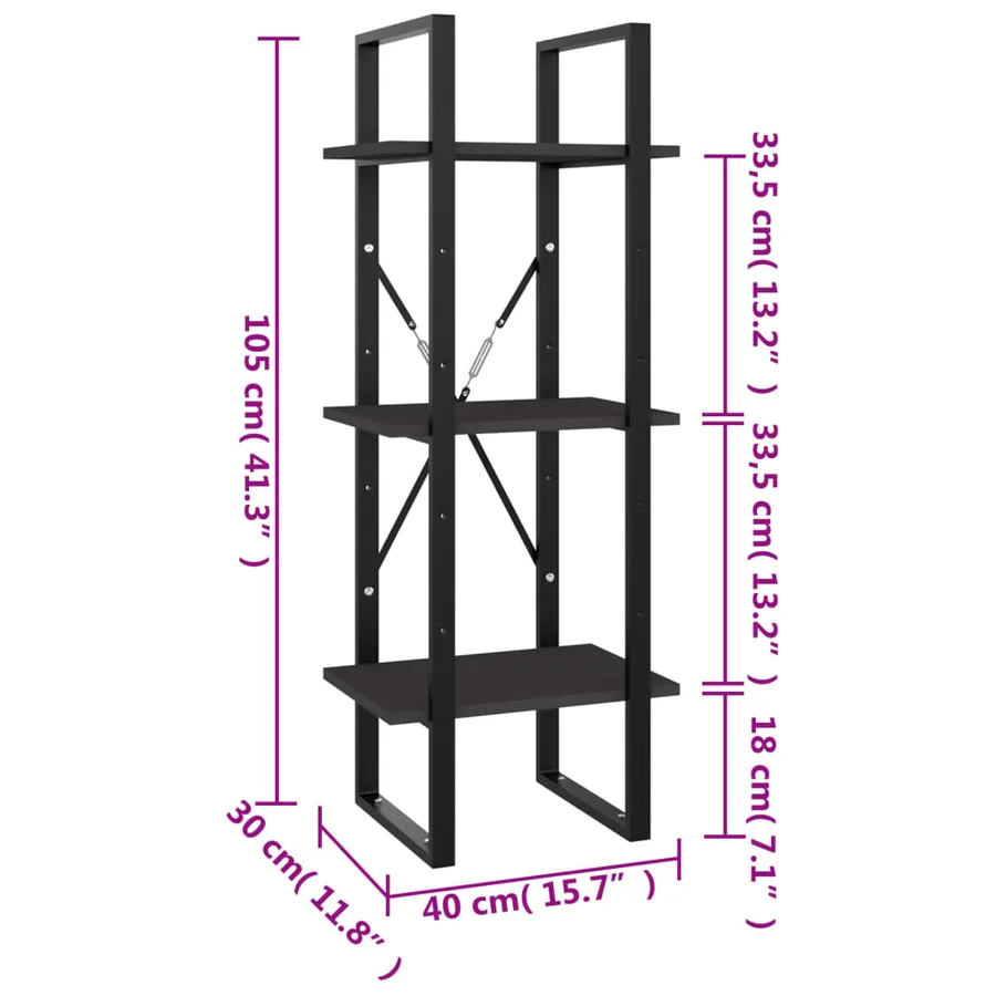 Bibliothèque à 3 niveaux gris 40x30x105 cm bois d'ingénierie - 7
