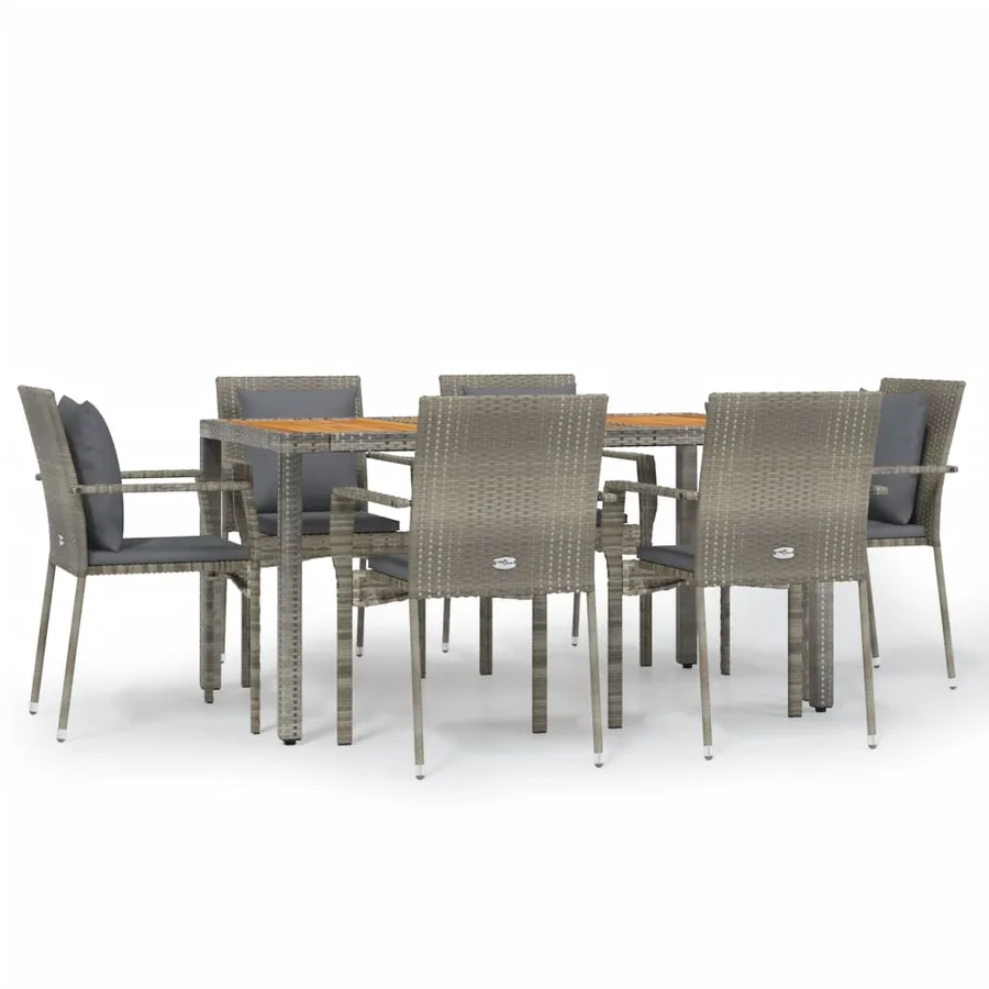 Ensemble à manger jardin et coussins 7 pcs gris rotin - 2