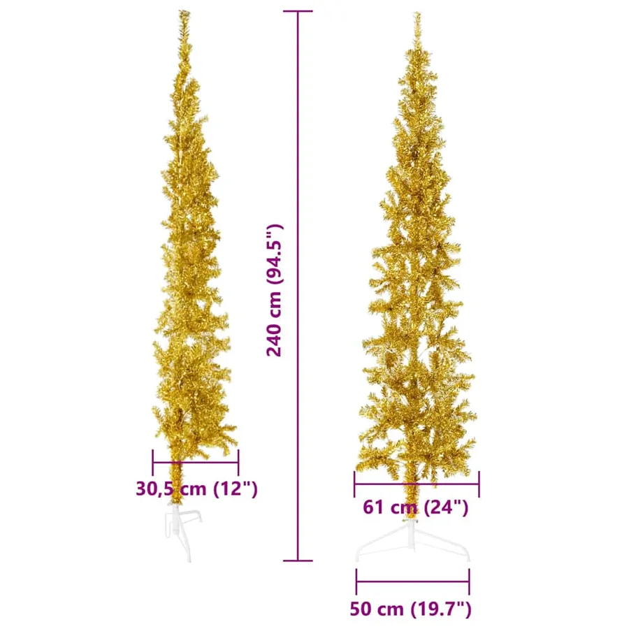 Demi sapin de Noël artificiel mince avec support Doré 240 cm - 9