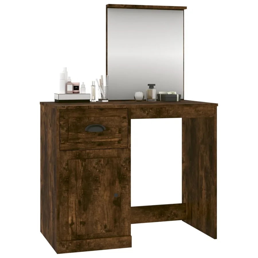 Coiffeuse et miroir chêne fumé 90x50x132,5 cm bois d'ingénierie - 4