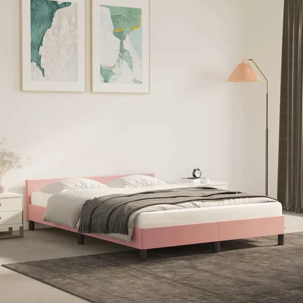 Cadre de lit et tête de lit sans matelas rose 140x200cm velours