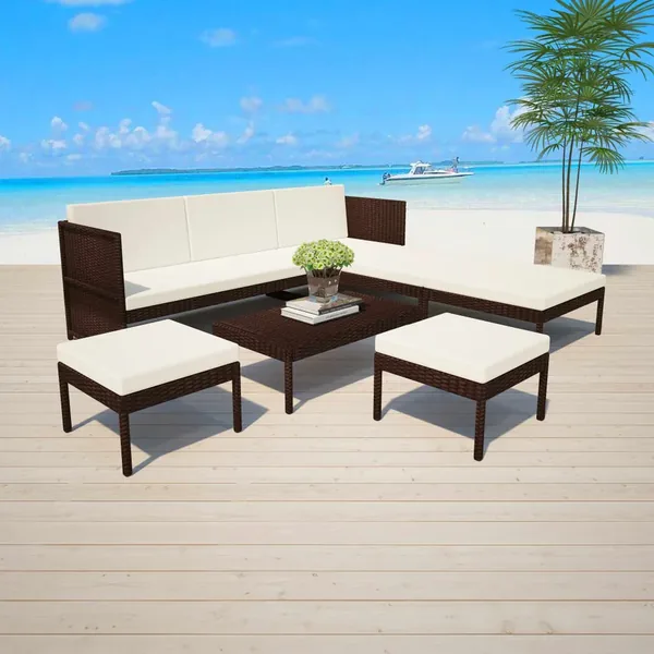 Salon de jardin 6 pcs avec coussins Résine tressée Marron