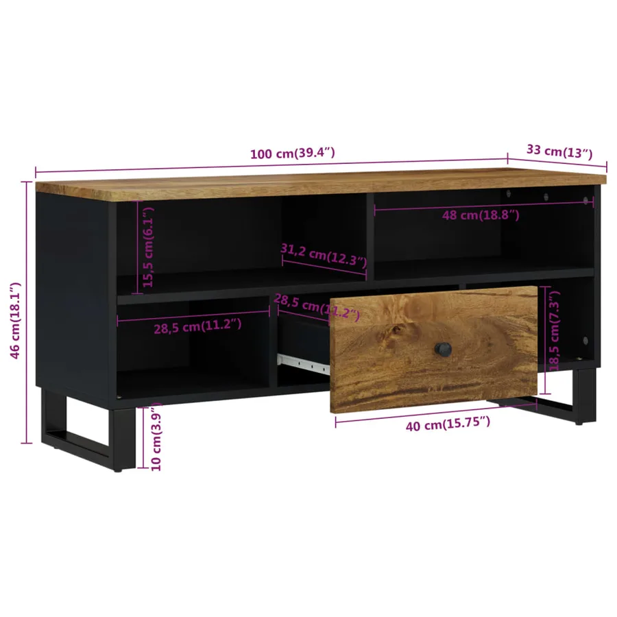 Meuble TV 100x33x46 cm bois de manguier et d'ingénierie - 8