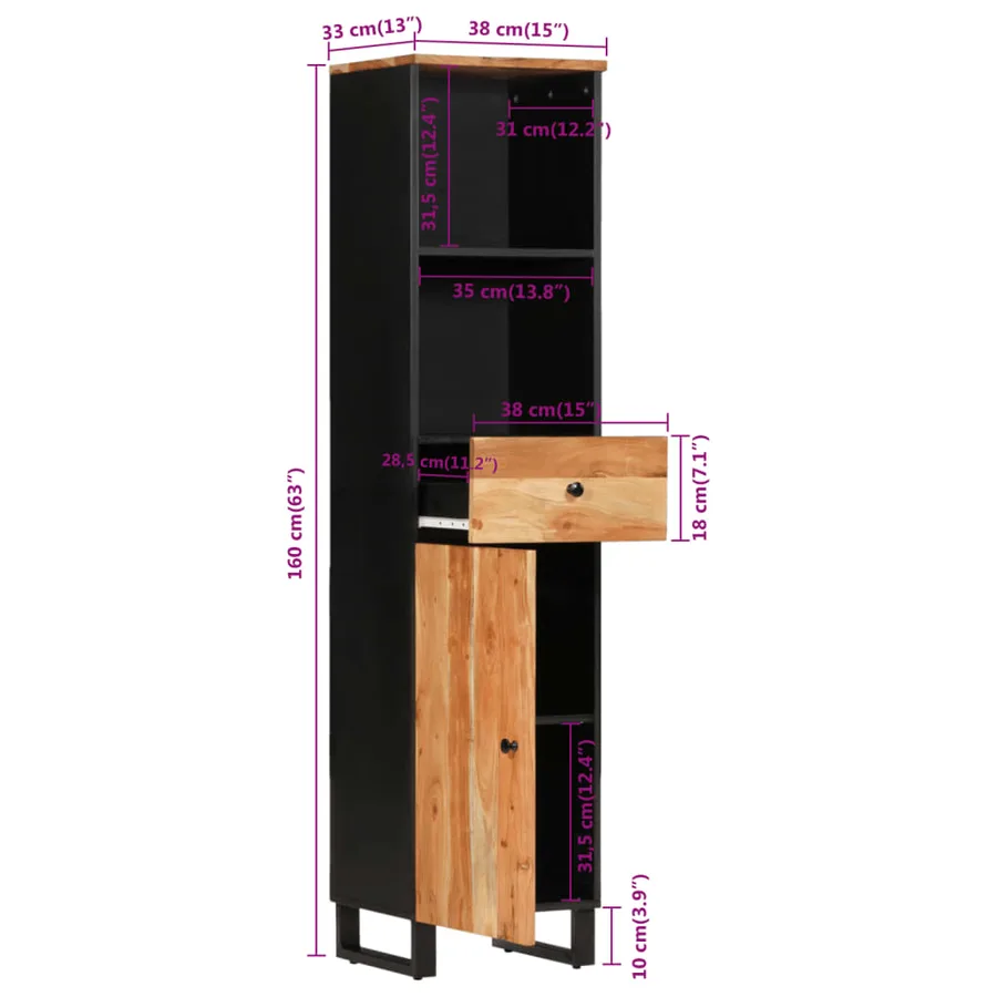 Armoire de salle de bain 38x33x160 cm bois massif d'acacia - 11
