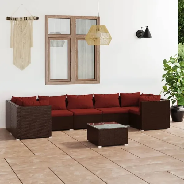 Salon de jardin 8 pcs avec coussins résine tressée marron