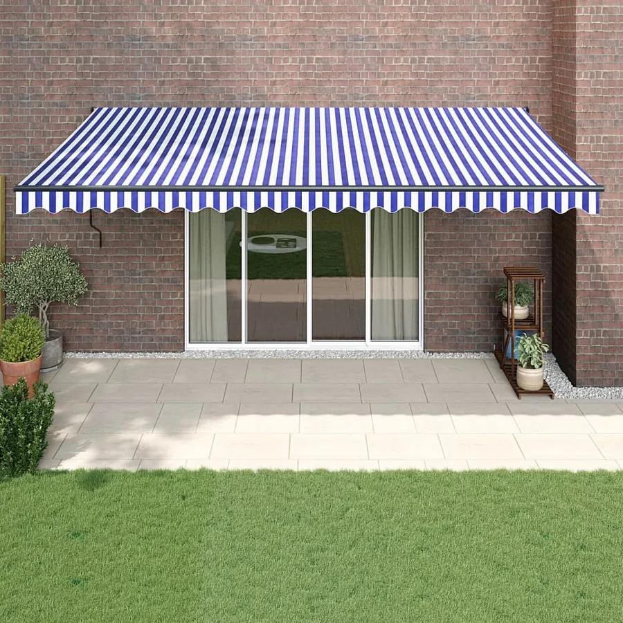 Auvent rétractable bleu et blanc 5x3 m tissu et aluminium