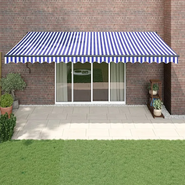 Auvent rétractable bleu et blanc 5x3 m tissu et aluminium