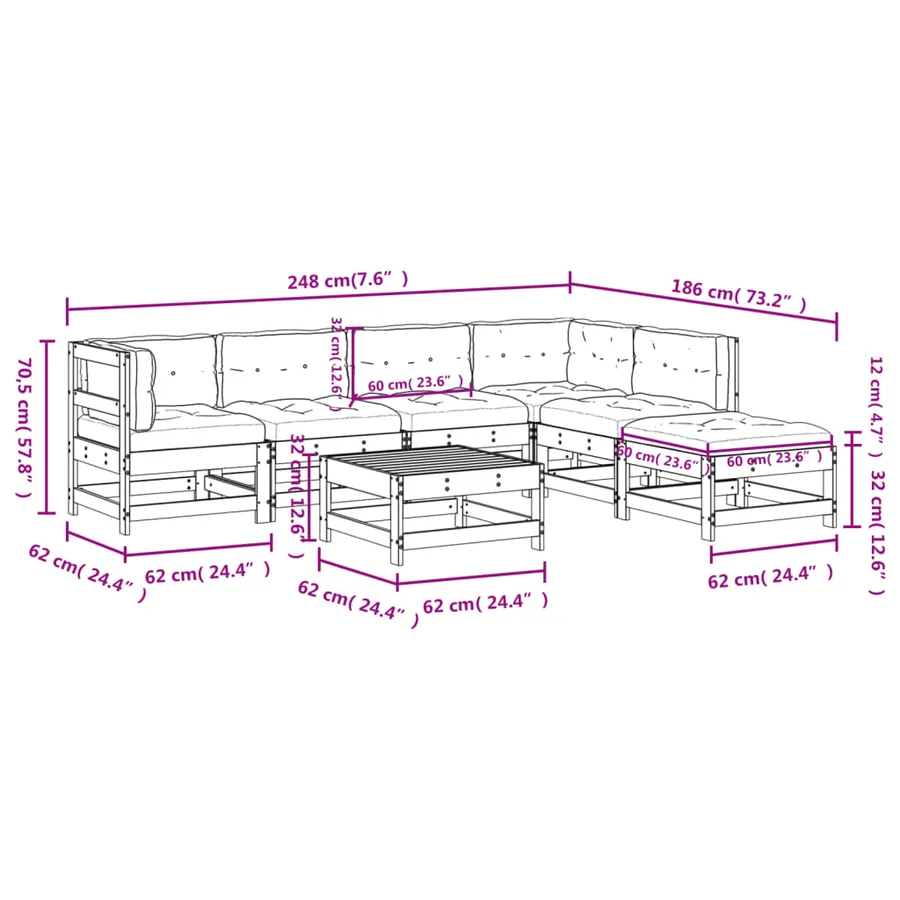 Salon de jardin 7 pcs avec coussins bois massif - 9