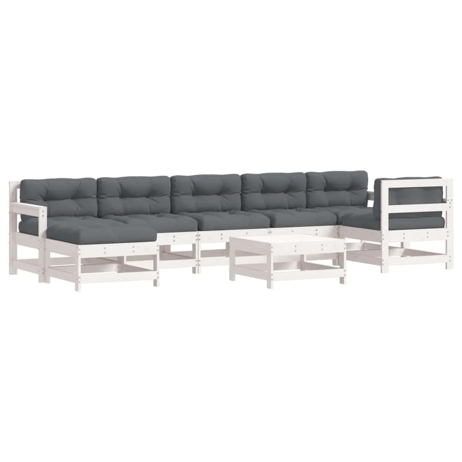 Salon de jardin 8 pcs avec coussins blanc bois massif - 2