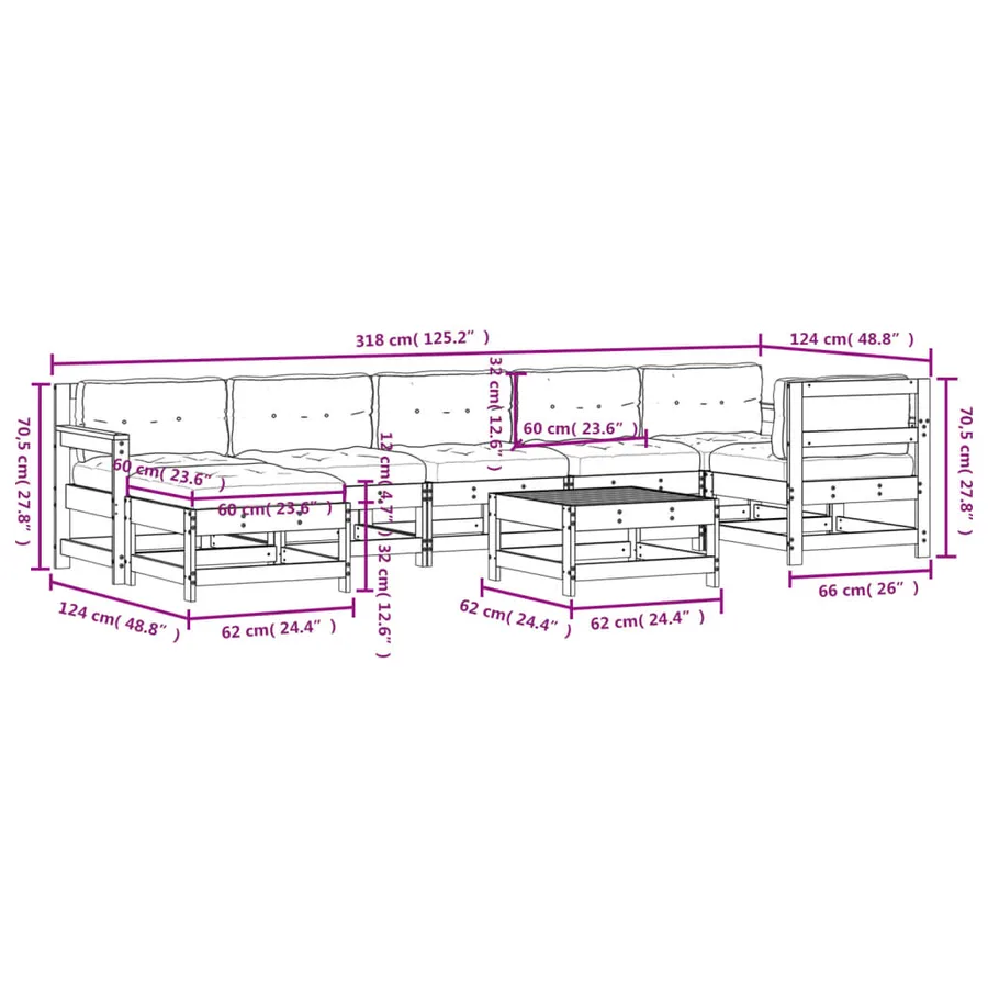 Salon de jardin 8 pcs avec coussins blanc bois massif - 9