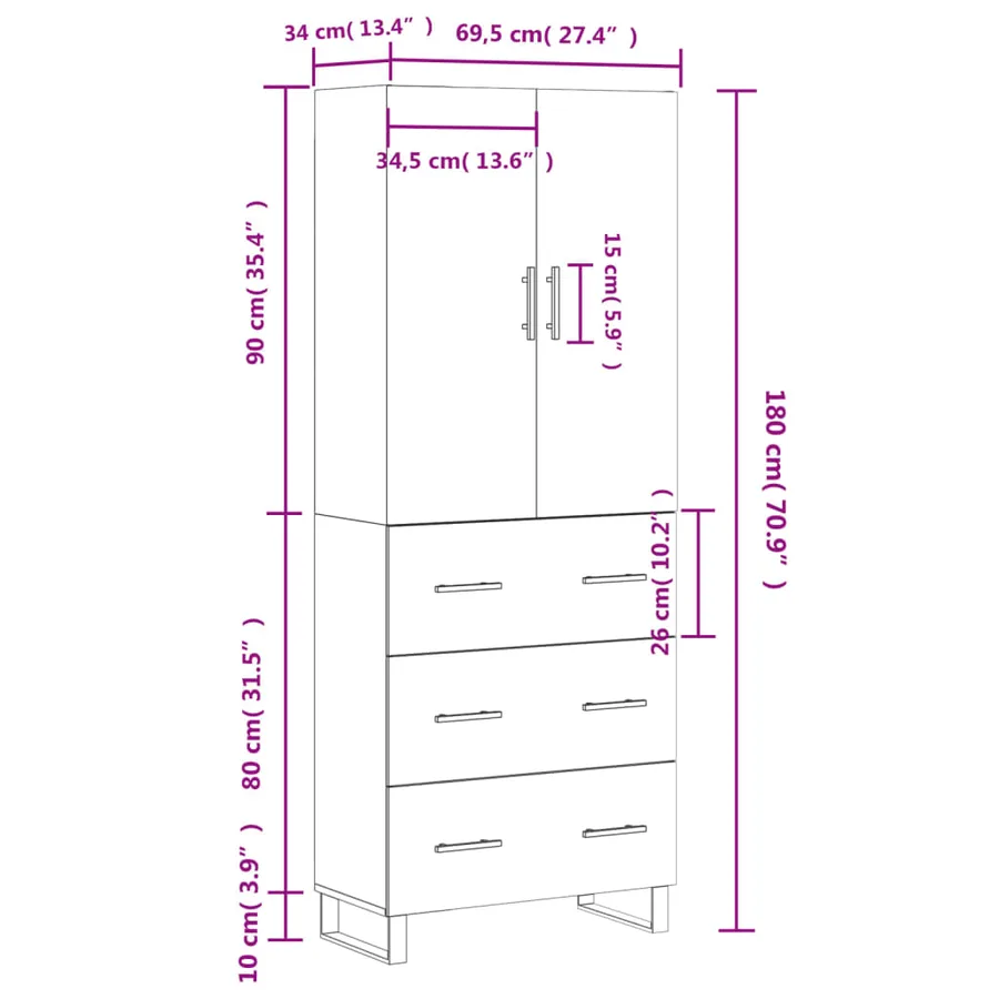 Buffet haut Blanc 69,5x34x180 cm Bois d'ingénierie - 14