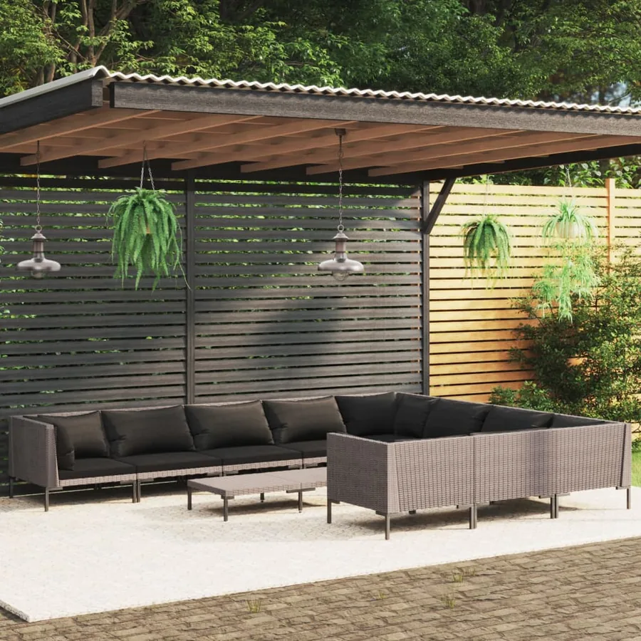 Salon de jardin 11 pcs avec coussins Résine tressée Gris foncé