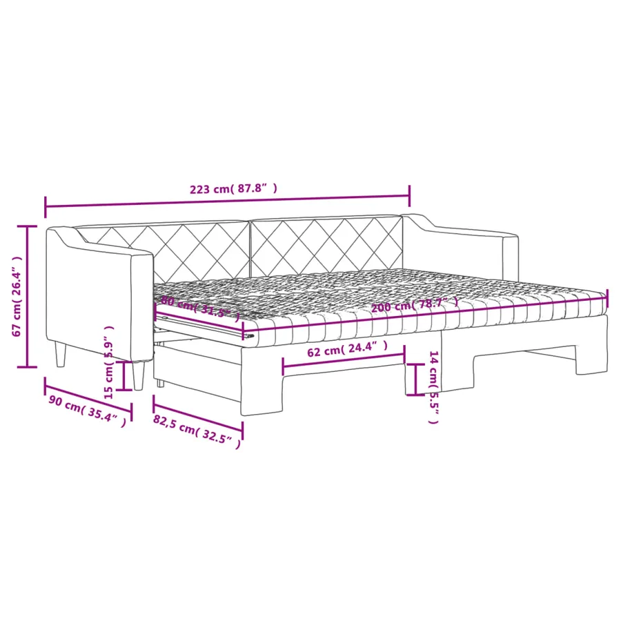 Lit de jour avec gigogne et matelas gris foncé 80x200 cm tissu - 12
