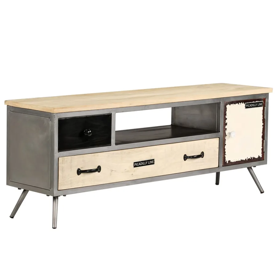 Meuble TV Bois de manguier massif et acier 120x30x45 cm - 11