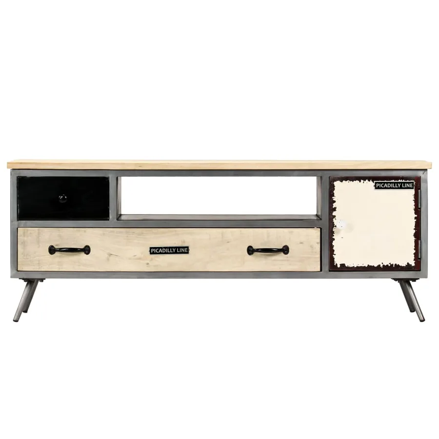 Meuble TV Bois de manguier massif et acier 120x30x45 cm - 2