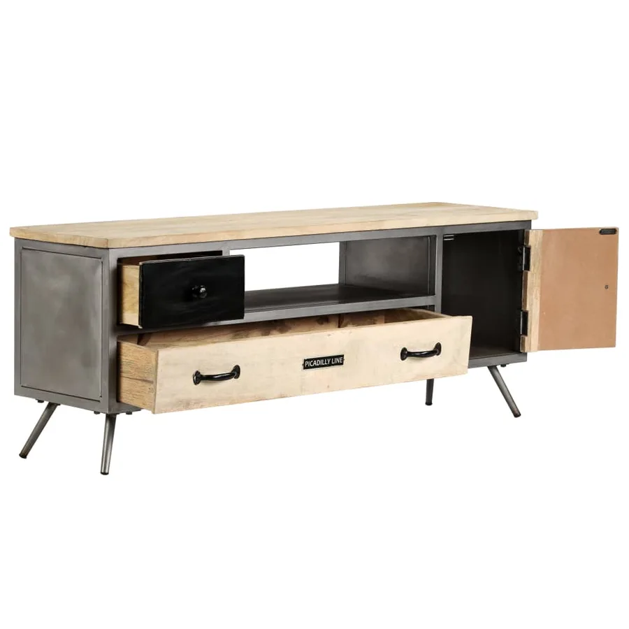 Meuble TV Bois de manguier massif et acier 120x30x45 cm - 3