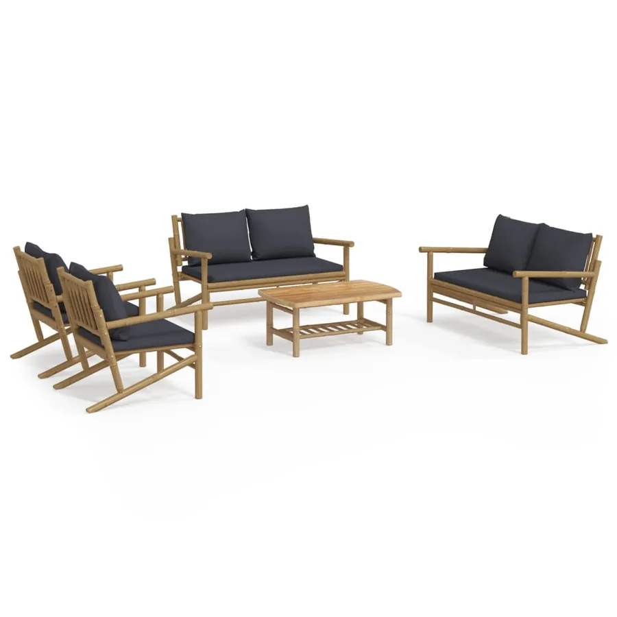 Salon de jardin 5 pcs avec coussins gris foncé bambou - 2