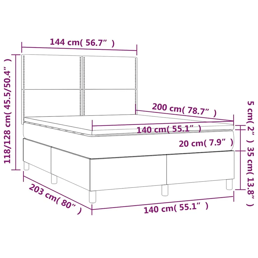 Sommier à lattes de lit et matelas et LED Noir 140x200 cm Tissu - 8